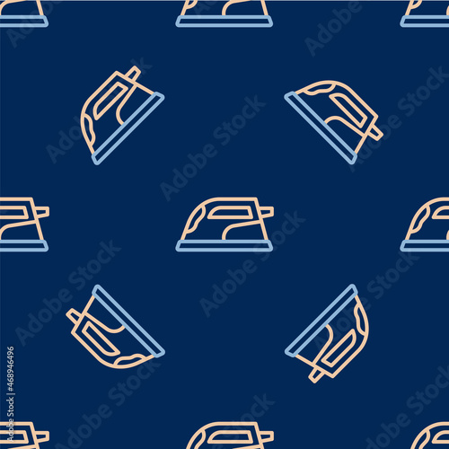 Line Electric iron icon isolated seamless pattern on blue background. Steam iron. Vector