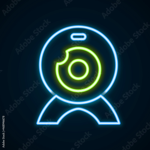 Glowing neon line Web camera icon isolated on black background. Chat camera. Webcam icon. Colorful outline concept. Vector