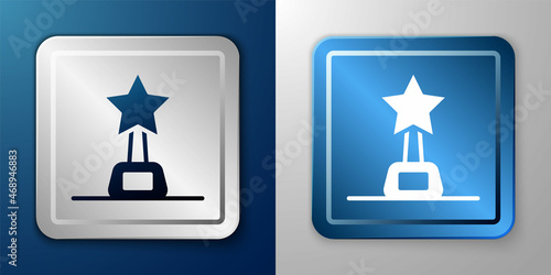 White Movie trophy icon isolated on blue and grey background. Academy award icon. Films and cinema symbol. Silver and blue square button. Vector