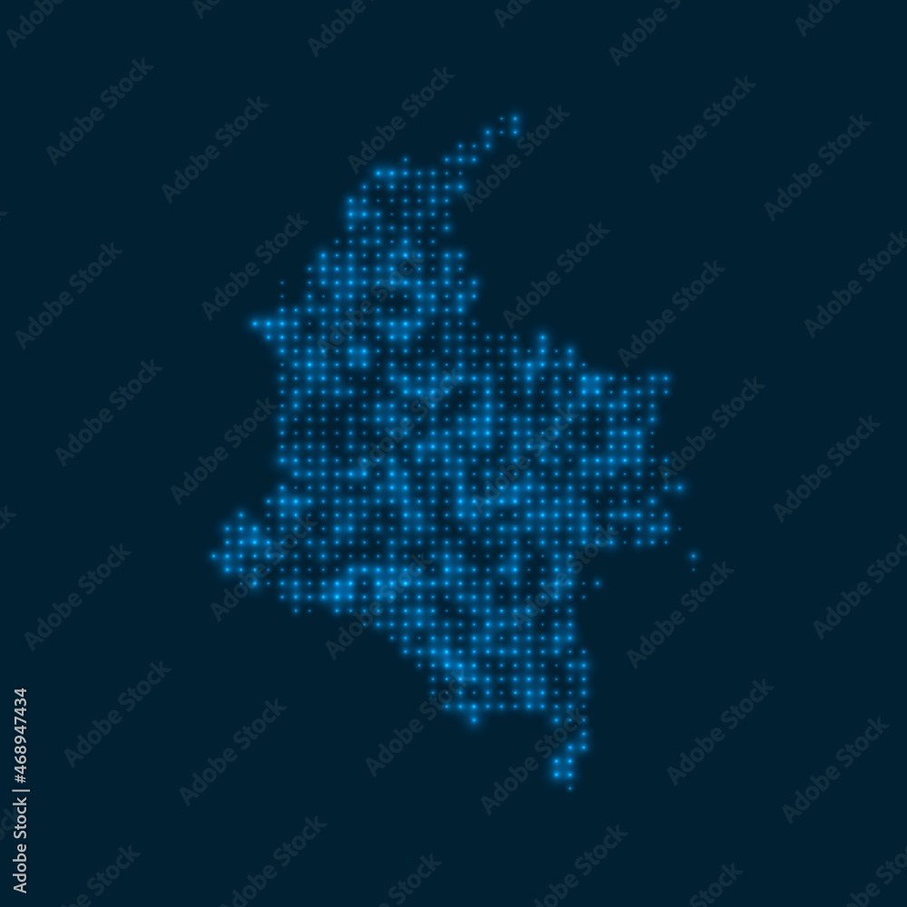 Fototapeta premium Colombia dotted glowing map. Shape of the country with blue bright bulbs. Vector illustration.