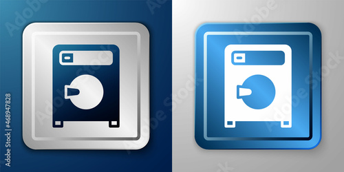 White Washer icon isolated on blue and grey background. Washing machine icon. Clothes washer - laundry machine. Home appliance symbol. Silver and blue square button. Vector
