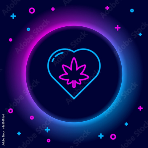 Glowing neon line Marijuana leaf in heart shape icon isolated on black background. Hemp symbol. Colorful outline concept. Vector