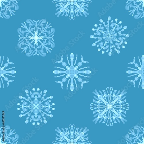 Seamless winter pattern from snowflakes. Blue watercolor snow patterns.