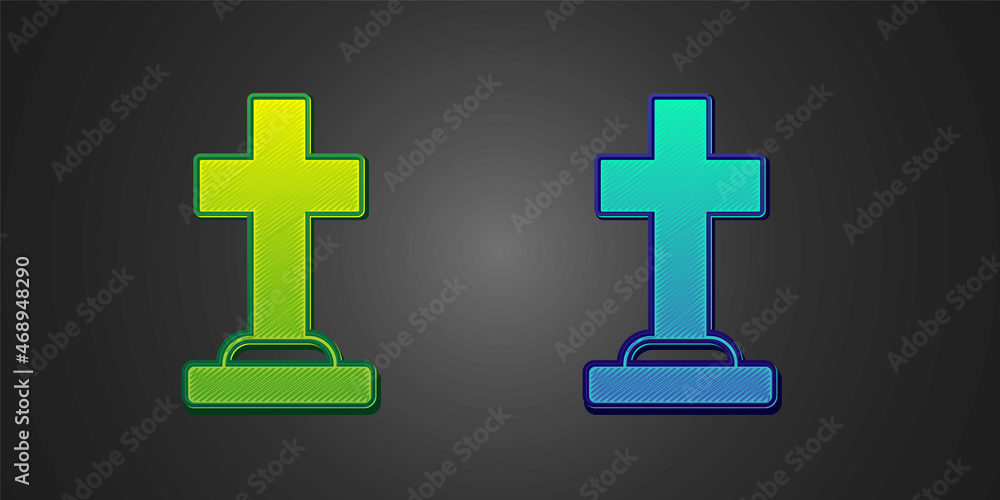 Fototapeta premium Green and blue Tombstone with cross icon isolated on black background. Grave icon. Happy Halloween party. Vector