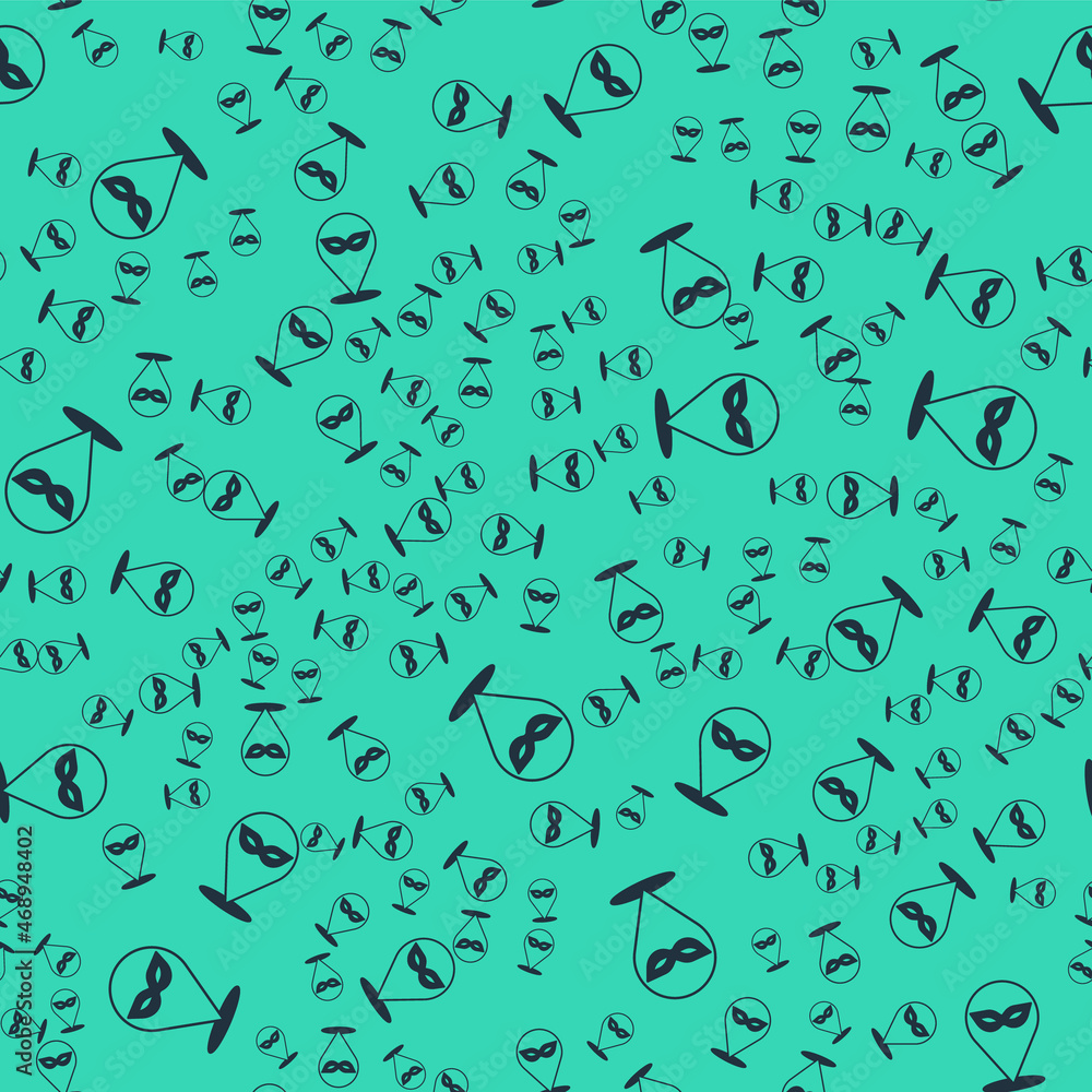 Black Carnival mask icon isolated seamless pattern on green background. Masquerade party mask. Vector Black Carnival mask icon isolated seamless pattern on green background. Masquerade party mask. Vector