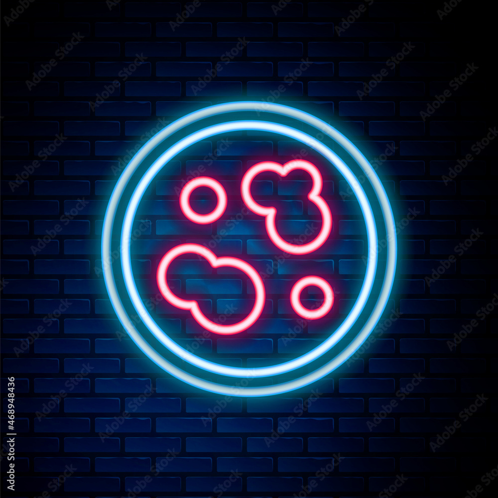 Glowing neon line Petri dish with bacteria icon isolated on brick wall background. Colorful outline concept. Vector Glowing neon line Petri dish with bacteria icon isolated on brick wall background. Colorful outline concept. Vector