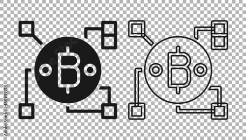 Black Blockchain technology Bitcoin icon isolated on transparent background. Abstract geometric block chain network technology business. Vector