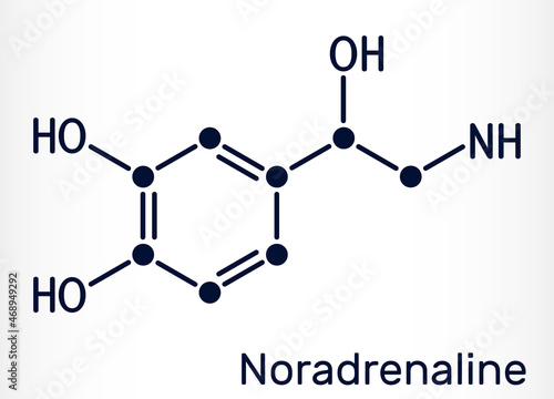 Noradrenaline, NA, norepinephrine , NE molecule. It is hormone, monoamine neurotransmitter, neuromodulator, medication. Skeletal chemical formula