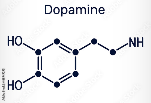 Dopamine,DA molecule. It is monoamine neurotransmitter, neuromodulator, medication. Skeletal chemical formula