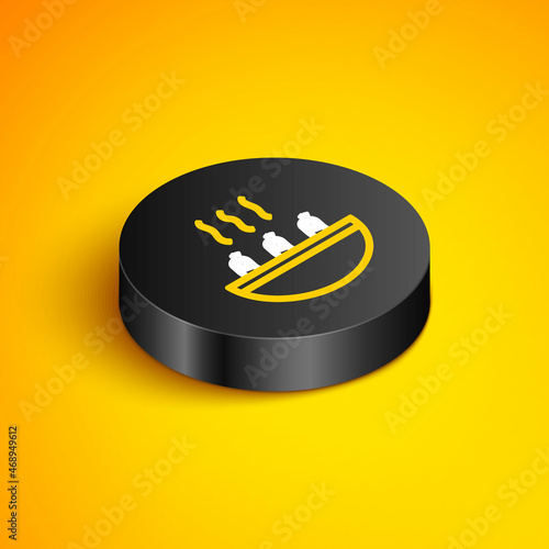 Isometric line Soup with shrimps icon isolated on yellow background. Tom yum kung soup. Black circle button. Vector