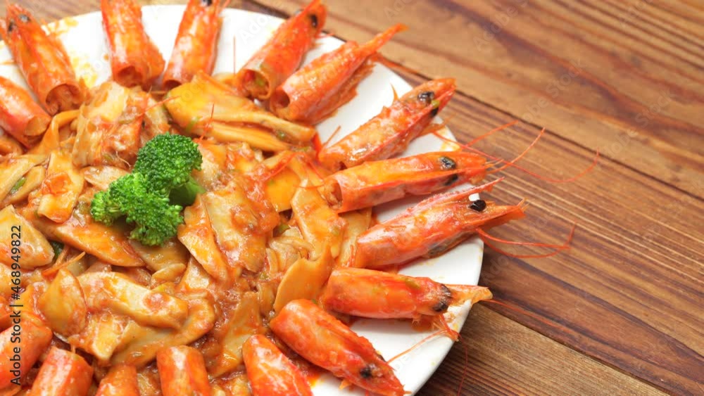Chinese style special stir-fried vegetables with shrimp sauce and eryngii mushrooms Chinese style special stir-fried vegetables with shrimp sauce and eryngii mushrooms