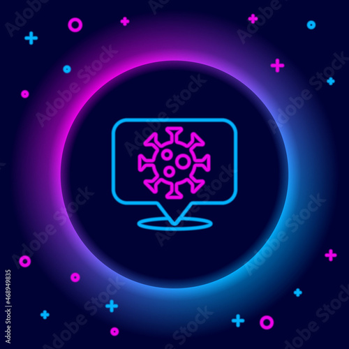 Glowing neon line Corona virus 2019-nCoV on location icon isolated on black background. Bacteria and germs, cell cancer, microbe, fungi. Colorful outline concept. Vector