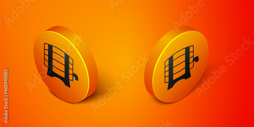 Isometric Wooden barrel on rack with stopcock icon isolated on orange background. Orange circle button. Vector