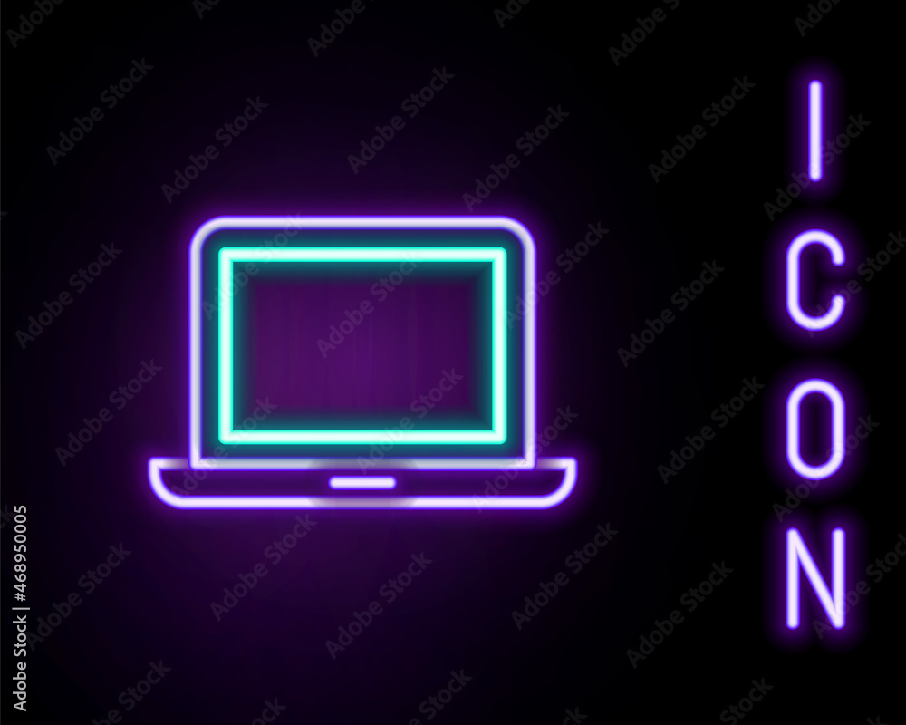 Glowing neon line Laptop icon isolated on black background. Computer notebook with empty screen sign. Colorful outline concept. Vector Glowing neon line Laptop icon isolated on black background. Computer notebook with empty screen sign. Colorful outline concept. Vector
