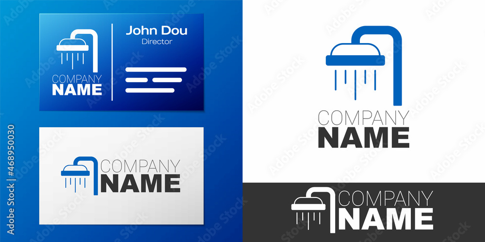 Fototapeta premium Logotype Shower head with water drops flowing icon isolated on white background. Logo design template element. Vector