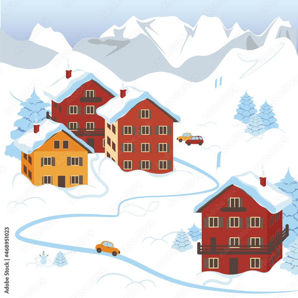 Congratulatory Christmas card. Snow-covered village against the backdrop of mountains. Bright houses, a road with a car, a snowman, Christmas trees. Winter. Alpine mountain residence.