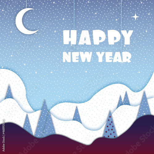 Congratulatory Christmas card. Snow-capped hills and mountains. Large snowdrifts and Christmas trees, one with a garland and Christmas decorations. Winter. Snowing.