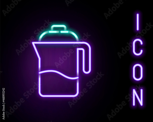Glowing neon line French press icon isolated on black background. Colorful outline concept. Vector