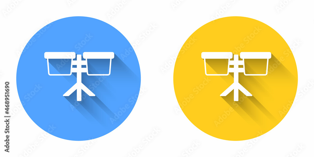 White Bongo drum icon isolated with long shadow background. Musical instrument symbol. Circle button. Vector White Bongo drum icon isolated with long shadow background. Musical instrument symbol. Circle button. Vector