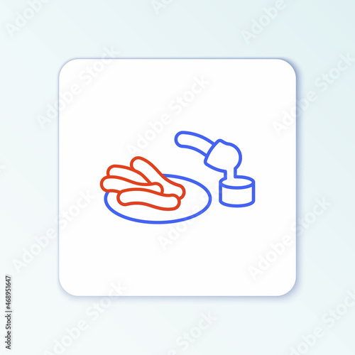 Line Churros and chocolate icon isolated on white background. Traditional national Spain dessert, European street food. Colorful outline concept. Vector