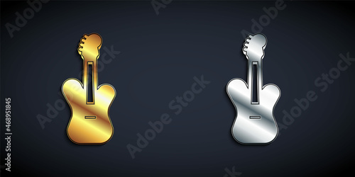 Gold and silver Electric bass guitar icon isolated on black background. Long shadow style. Vector