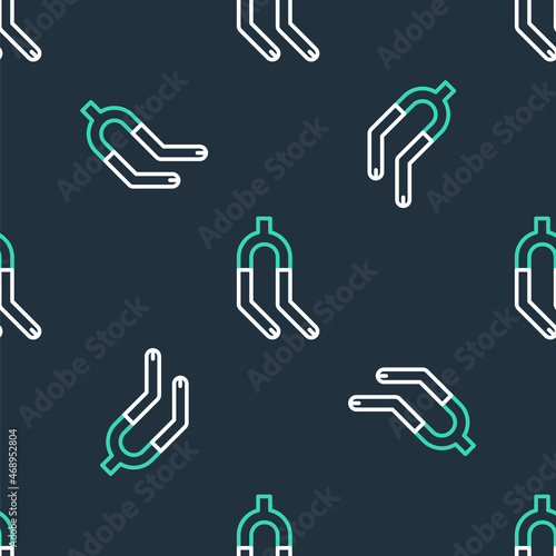 Line Bicycle suspension fork icon isolated seamless pattern on black background. Sport transportation spare part steering wheel. Vector