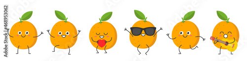 Set oranges cute character cartoon greeting jumping loves sings running funny fruit smiling face happy joy emotions icon vector illustration.