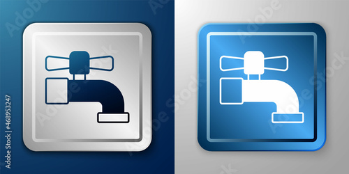 White Water tap icon isolated on blue and grey background. Silver and blue square button. Vector