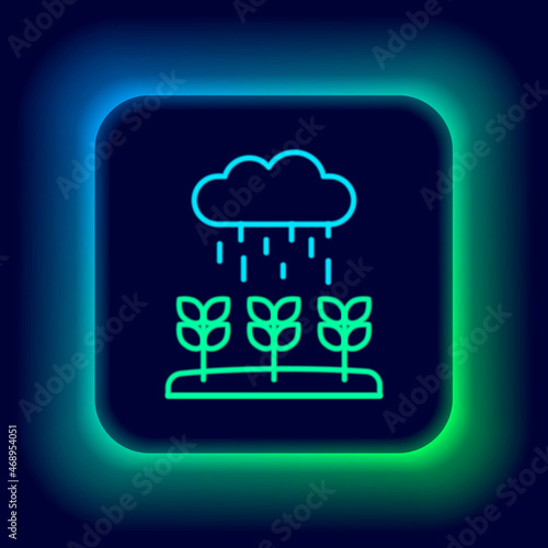 Glowing neon line Plant sprouts grow in the rain icon isolated on black background. Seedling concept. Colorful outline concept. Vector
