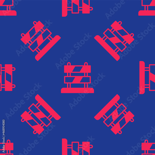 Red End of railway tracks icon isolated seamless pattern on blue background. Stop sign. Railroad buffer end to destination. Vector