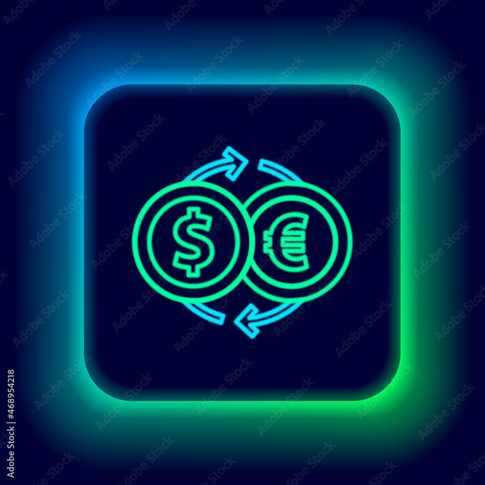 Glowing neon line Money exchange icon isolated on black background. Euro and Dollar cash transfer symbol. Banking currency sign. Colorful outline concept. Vector Glowing neon line Money exchange icon isolated on black background. Euro and Dollar cash transfer symbol. Banking currency sign. Colorful outline concept. Vector