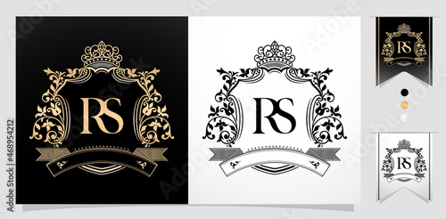 RS or SR royal emblem with crown, initial letter and graphic name Frames Border of floral designs with two variation colors, RS or SR Monogram, for insignia, initial letter frames, wedding couple name