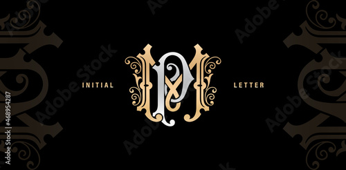 illustration of MP or PM monogram classic style, initial Wedding of luxury model and elegance applicable for invitation, letterpress, jewelry, tattoo, boutique and creative templates. photo