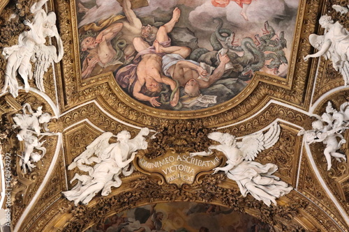 Santa Maria della Vittoria Church Painted Ceiling Detail with Sculptures in Rome, Italy