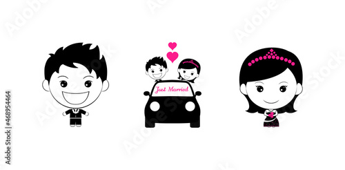 illustration of wedding couple clipart character, or birthday party child. Bride and groom cartoon tag. applicable for wedding invitation, birthday card and banner icon.