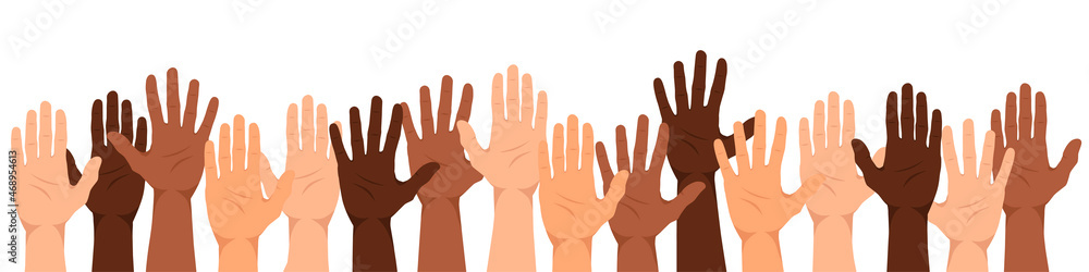 A multiethnic group of people with their hands up. The palms of people with a different color of skin. The concept of unity, team, cooperation or partnership. Flat style. Vector illustration