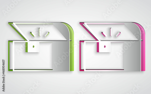 Paper cut Chest for game icon isolated on grey background. Paper art style. Vector
