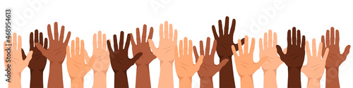 A multiethnic group of people with their hands up. The palms of people with a different color of skin. The concept of unity, team, cooperation or partnership. Flat style. Vector illustration