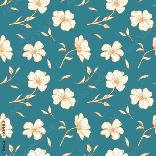seamless floral pattern with flax flowers and leaves, retro style on green background