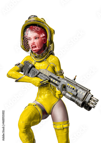 astronaut girl vintage running with a laser gun on white background close up