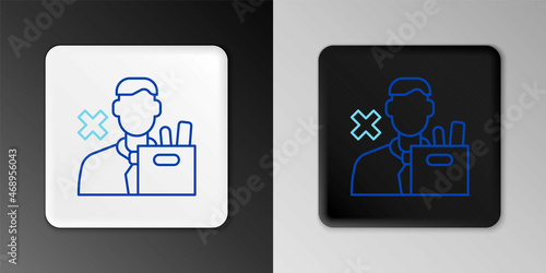 Line Dismissed sad young man carrying box with his personal belonging leaving his job icon isolated on grey background. Employee fired from work. Colorful outline concept. Vector