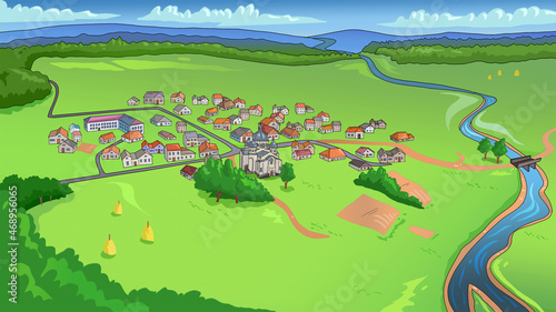 Cartoon village From drone view. Digital Illustration.