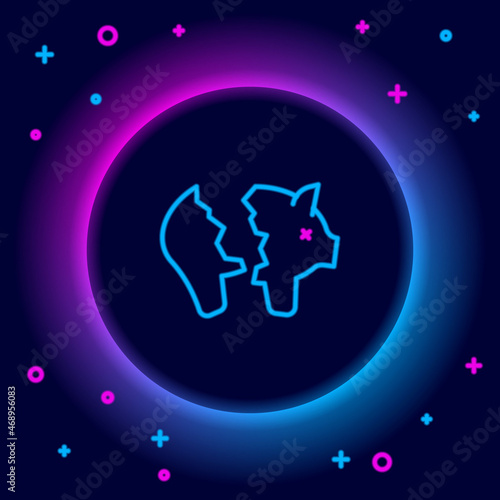 Glowing neon line Broken piggy bank icon isolated on black background. Icon saving or accumulation of money, investment. Colorful outline concept. Vector