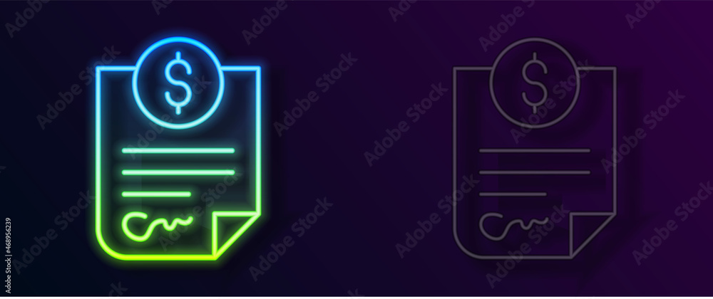 Glowing neon line Contract money icon isolated on black background. Banking document dollar file finance money page. Vector Glowing neon line Contract money icon isolated on black background. Banking document dollar file finance money page. Vector