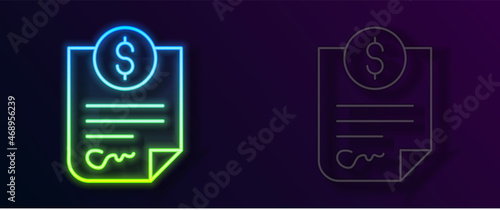 Glowing neon line Contract money icon isolated on black background. Banking document dollar file finance money page. Vector