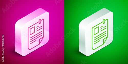 Isometric line Resume icon isolated on pink and green background. CV application. Searching professional staff. Analyzing personnel resume. Silver square button. Vector