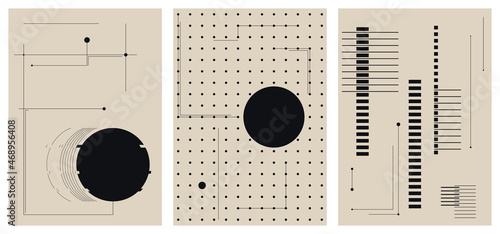 A set of three colorful aesthetic geometric backgrounds. Minimalist social media posters, cover designs, web, home decor. Vintage graphic illustrations with shapes, curves, lines, rectangles.