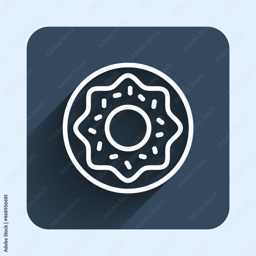 White line Donut with sweet glaze icon isolated with long shadow background. Blue square button. Vector White line Donut with sweet glaze icon isolated with long shadow background. Blue square button. Vector