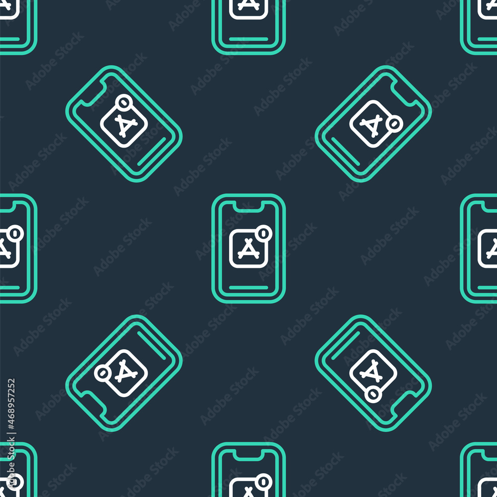 Line Mobile Apps icon isolated seamless pattern on black background. Smartphone with screen icons, applications. mobile phone showing screen. Vector Line Mobile Apps icon isolated seamless pattern on black background. Smartphone with screen icons, applications. mobile phone showing screen. Vector