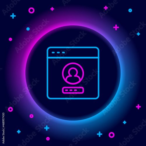 Glowing neon line Create account screen icon isolated on black background. Colorful outline concept. Vector